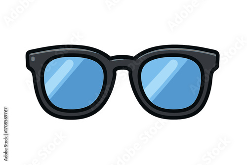 Stylish black sunglasses icon with blue lenses, summer eyewear illustration, flat vector cartoon design with transparent background, trendy fashion accessory, cool sun protection glasses