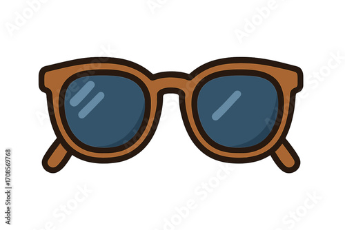 Stylish brown sunglasses icon with blue reflective lenses, summer fashion eyewear vector, flat cartoon illustration, trendy accessory, transparent background, summer essentials