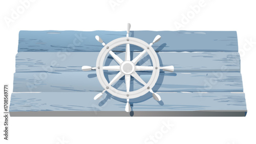 Nautical decor ship wheel on blue wood background vector illustration graphic design element art
