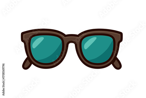 Stylish summer sunglasses icon, cartoon flat vector illustration with brown frame and teal lenses, transparent background, fashion accessory, eyewear design