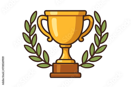 Golden trophy cup icon with laurel wreath symbol, award achievement vector illustration, prize victory celebration, champion award, success and honor concept design