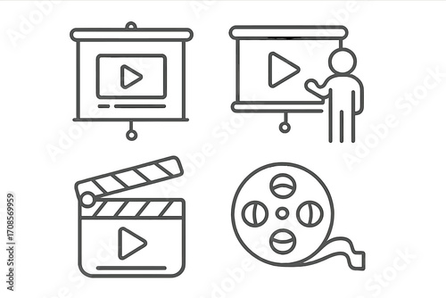 Video presentation icons set, linear style symbols for cinema, movie clapperboard, film reel, video player screen, media playback vector illustration with transparent background, editable graphics