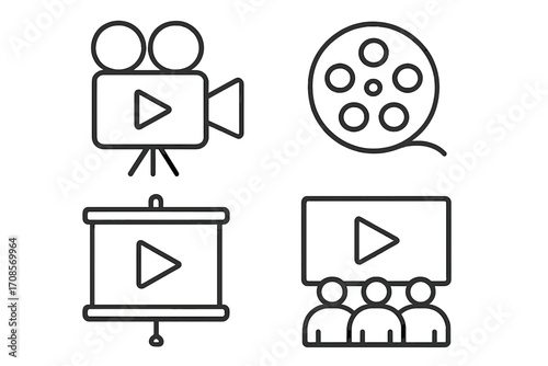 Linear style video presentation icon with cinema symbol, cartoon vector illustration set, media and film concept, transparent background, digital content creation and broadcasting design
