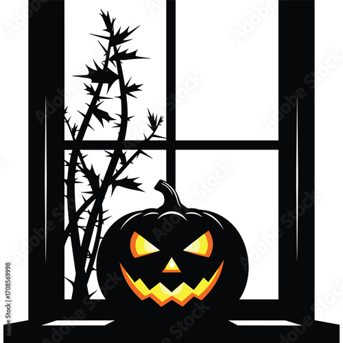 Silhouette of a carved jack o lantern with glowing orange and yellow eyes and mouth sits on a windowsill with thorny branches outside a window