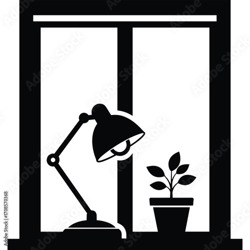 Black silhouette of a desk lamp and potted plant on a windowsill black and white