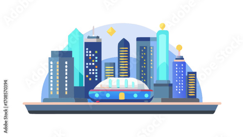 Vector futuristic city skyline illustration with buildings and flying car for design and web use