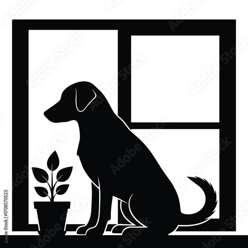 Black silhouette of a dog sitting next to a potted plant in a window frame white