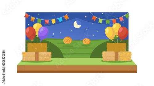 Cartoon fall festival background vector, harvest party, hay bales, balloons and bunting banner design
