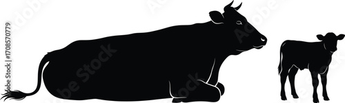 Silhouette vector illustration of cow and calf, farm animals, livestock family, sitting cow with horns and standing young calf design