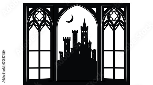 Black silhouette of a gothic castle with a crescent moon viewed through a decorative arched window castle silhouette