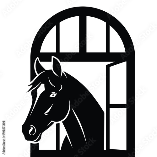 Silhouette of a horse head looking out of an arched window animal black and white