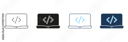 Laptop With Code Symbol Line And Solid Icon Set. Programming, Software Development, And Coding Interface Symbol Collection. Technology And Innovation. Isolated Vector Illustration