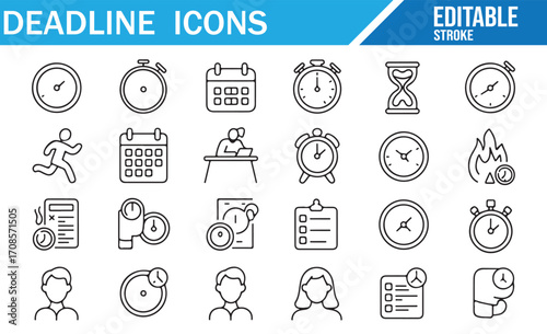 Set of deadline icons with clocks, calendars, timers, runners, and task management symbols in editable stroke style for business, time management, project scheduling, and productivity design