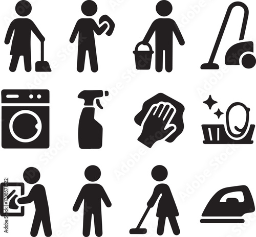 Black silhouette icons of professions and household tasks including cleaner, worker, chef, doctor, and family roles. Perfect for career, lifestyle, education, posters, and infographics.