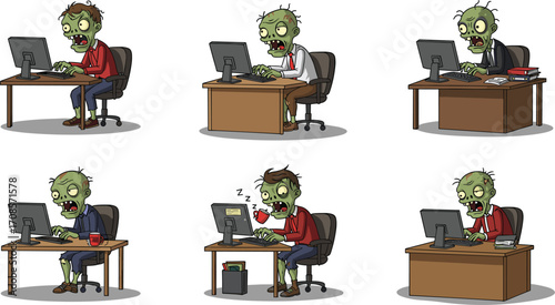 Zombie office workers, cartoon undead employees, tired work characters, computer desk illustrations, funny horror theme, flat design, Halloween business vector illustration