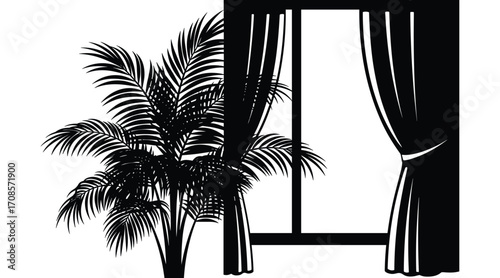 Black silhouette of a potted palm plant next to a window with draped curtains black and white potted plant