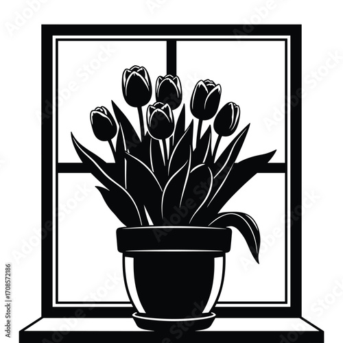 A silhouette of a potted tulip plant on a windowsill against a window frame flower