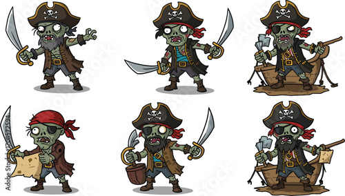 Zombie pirate cartoon characters with swords, treasure map, eye patch, pirate ship, undead crew, Halloween theme, fantasy vector art, flat vector illustration
