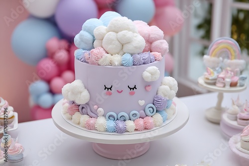 A whimsical birthday featuring a fluffy, pastel-colored cake with cloud-inspired designs and surrounded by soft balloon accents