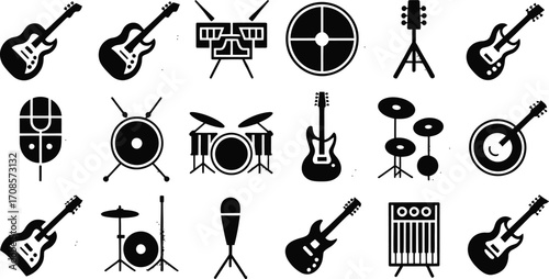 Collection of diverse musical instruments and audio equipment icons