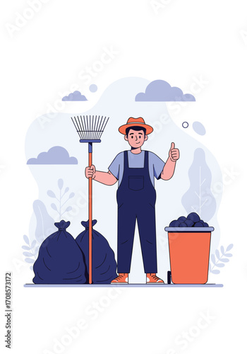 A happy worker with a rake and trash bags is ready for yard cleanup.