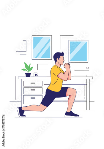 Man doing a lunge exercise at home for fitness and strength training.