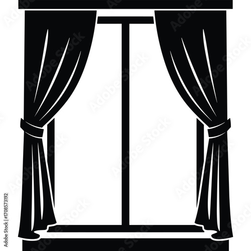 A silhouette of a window with draped curtains tied back 