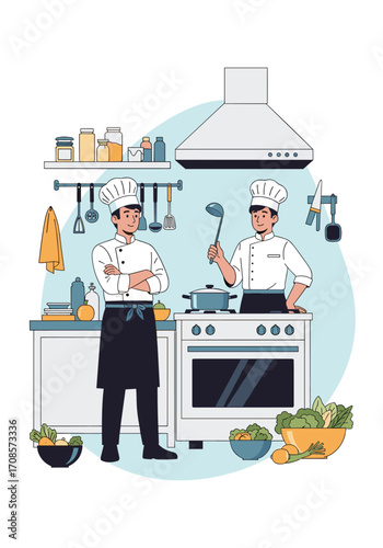 Two chefs in a professional kitchen preparing food together.1