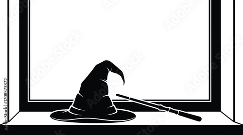Black silhouette of a witch hat and wand on a windowsill against a white background magic wand black and white