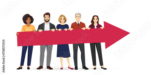 Business diverse people standing together and holding big red arrow showing direction. Achievement and growth concept. Vector illustration isolated