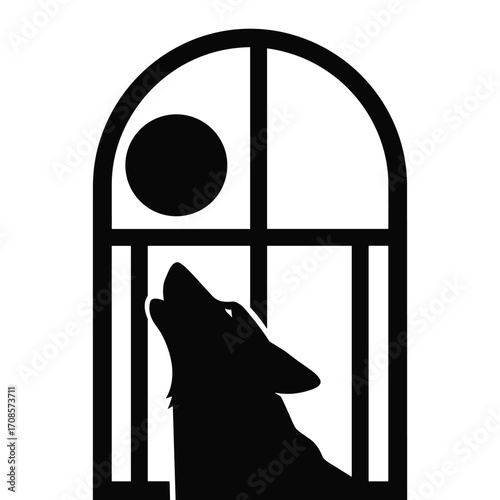 A silhouette of a wolf howling at a full moon through an arched window night