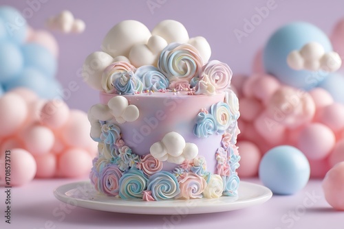 A whimsical birthday featuring a fluffy, pastel-colored cake with cloud-inspired designs and surrounded by soft balloon accents