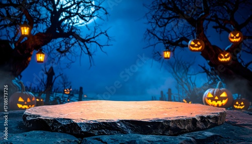 Wide Halloween night podium scene with carved pumpkins, glowing jack-o-lanterns, spooky blue mist, full moon,  and empty stone stage for festive party, product showcase, or seasonal banner