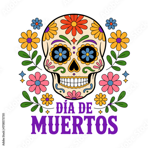 Dia de Muertos skull graphic, ornate floral elements, white backdrop, purple title lettering, festive holiday design, colorful vector