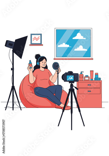 A woman sits in a beanbag chair with recording equipment for her online video content.