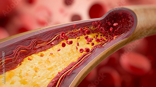 Medical 3D illustration showing cholesterol buildup and plaque deposits inside an artery. Red blood cells flowing through a narrowed blood vessel. Concept of atherosclerosis, heart disease, cardiovasc