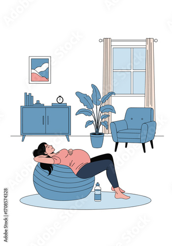 Pregnant woman lying on a fitness ball in her living room.