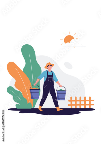 A farmer carrying two buckets in a garden during the day.