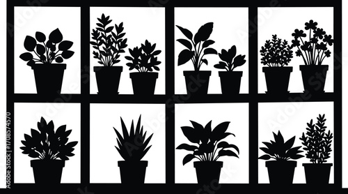 Collection of eight black silhouette potted houseplants in a grid layout potted plants black and white