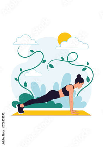 A woman is doing a plank exercise outdoors in a park setting. She is on a yellow mat with green vines and plants in the background. The sun is shining brightly in the sky above fluffy clouds.