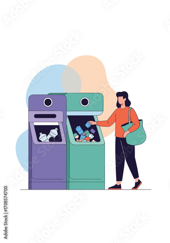 Woman using recycling machines to dispose of waste properly.