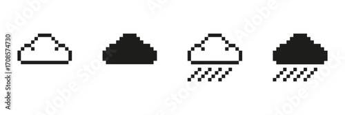 Pixel Art Cloud And Rain Icon Set. Weather Forecast And Climate Change Pixelated Symbol Collection. Minimalist Black And White Design For Meteorology Applications. Isolated Vector Illustration