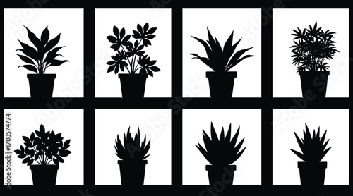 A set of black silhouette of potted plants on white backgrounds in a grid, black and white indoor plant