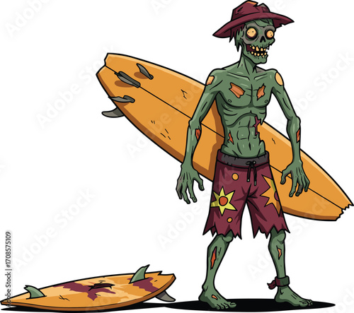 Cartoon zombie surfer illustration, undead beach character with surfboard, creepy tropical monster in swim shorts, horror summer concept for Halloween and surfing themes