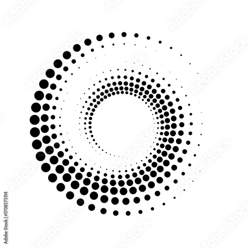 Radial speed Lines in circle form for comic books. Design element for frame, logo, tattoo, web pages, prints, posters, template, background. Set of black thick halftone dotted speed lines. Vector.