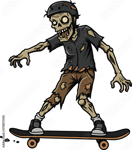 Cartoon zombie skateboarder wearing helmet and torn clothes, creepy undead character skating on skateboard, Halloween horror vector illustration design