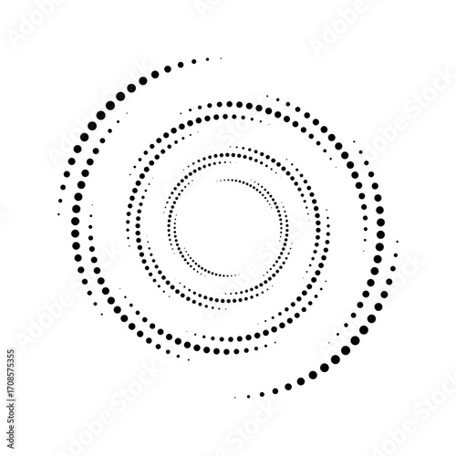 Radial speed Lines in circle form for comic books. Design element for frame, logo, tattoo, web pages, prints, posters, template, background. Set of black thick halftone dotted speed lines. Vector.