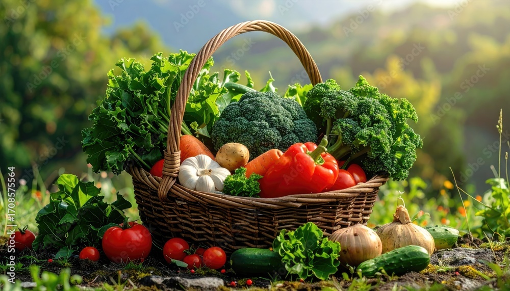 Fototapeta premium Basket Full of Fresh Vegetables in Sunny Garden Setting with Bright Greenery and Earthy Brown Tones