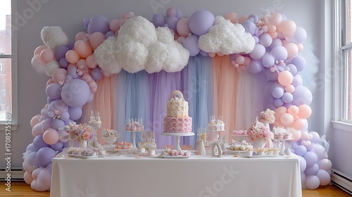 A whimsical birthday party with a cake shaped like a fluffy cloud, surrounded by pastel balloons and translucent tulle for a dreamy vibe