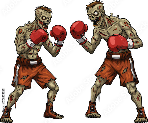 Two cartoon zombies boxing with red gloves and ripped orange shorts, undead fighters in fighting stance, horror vector illustration for Halloween content